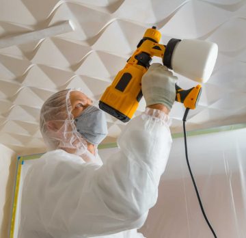 The painter is painting a 3d ceiling with a spray gun.